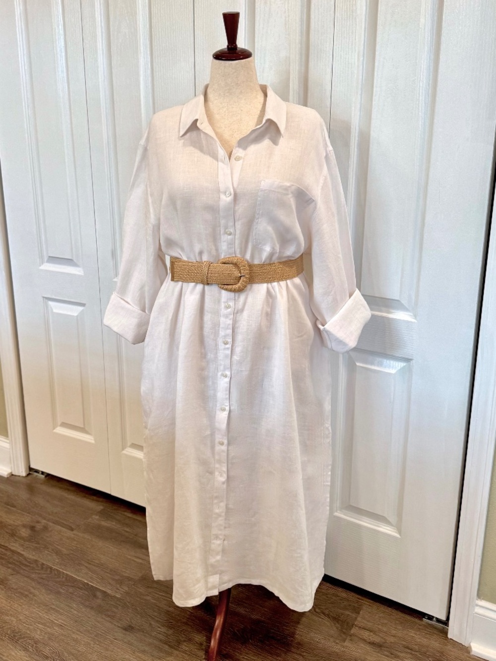 NWT 100% Linen, Size 2 X,  "Fiona" Relaxed Maxi White Shirt Dress by The Drop.